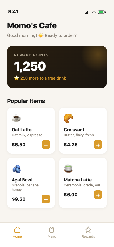 Momo's Cafe iOS app showing loyalty rewards, menu ordering, and customer accounts — built with SwiftUI and Firebase by Main Street Systems